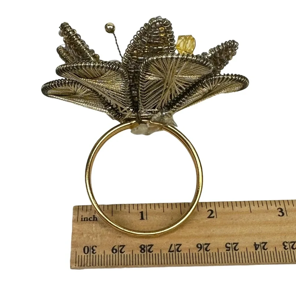 Pier 1 Beaded Metal Flower Napkin Ring Set‎ Of 6 Gold Tone Yellow Spun Wire